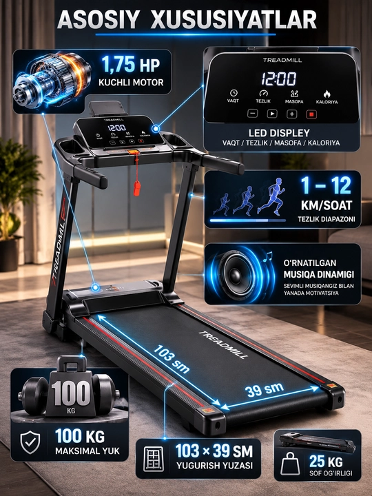 Yugurishh yulagi Uy uchun yig‘iladigan elektr yugurish yo‘lagi, 1,75 HP, 100 kg