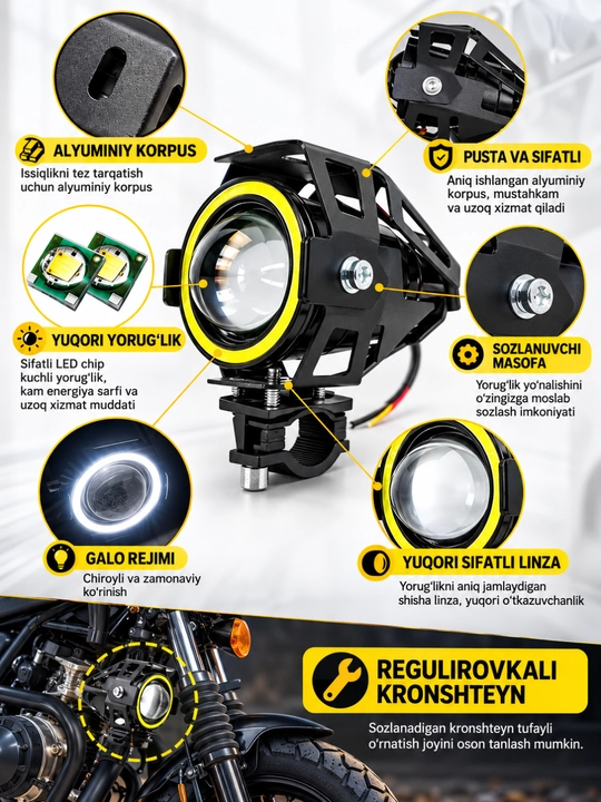Skuter va Mototsikl uchun qo‘shimcha LED faralar, yorqin yoritish, universal o‘rnatish