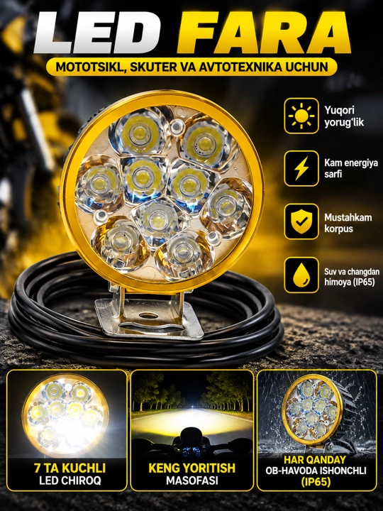 Skuter va Mototsikl uchun qo‘shimcha LED faralar, yorqin yoritish, universal o‘rnatish