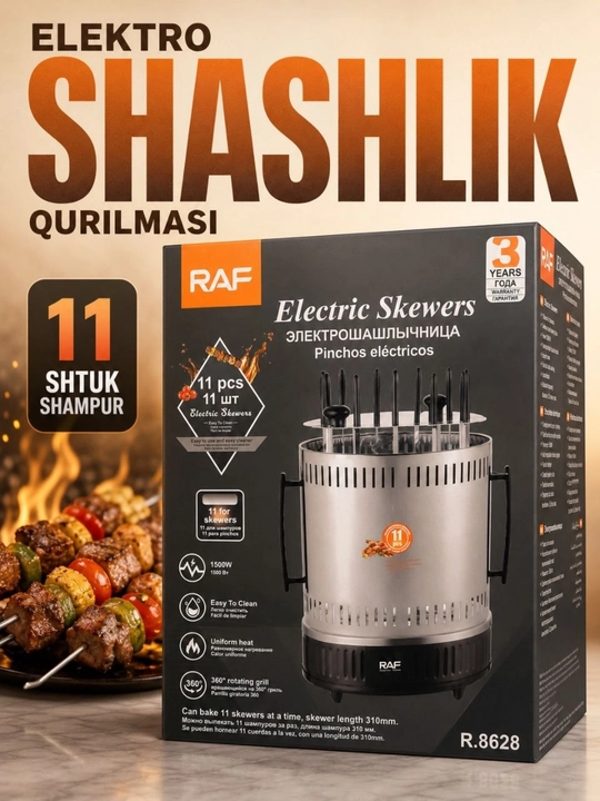 RAF R.8628 elektr shashlik pishirgich, 1500/13000 W, 11 ta va 8 ta shampur