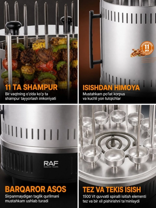 RAF R.8628 elektr shashlik pishirgich, 1500/13000 W, 11 ta va 8 ta shampur