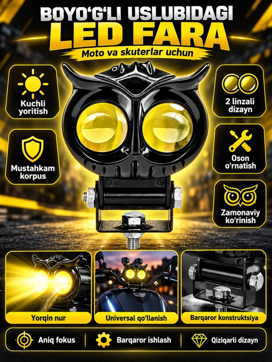 Skuter va Mototsikl uchun qo‘shimcha LED faralar, yorqin yoritish, universal o‘rnatish