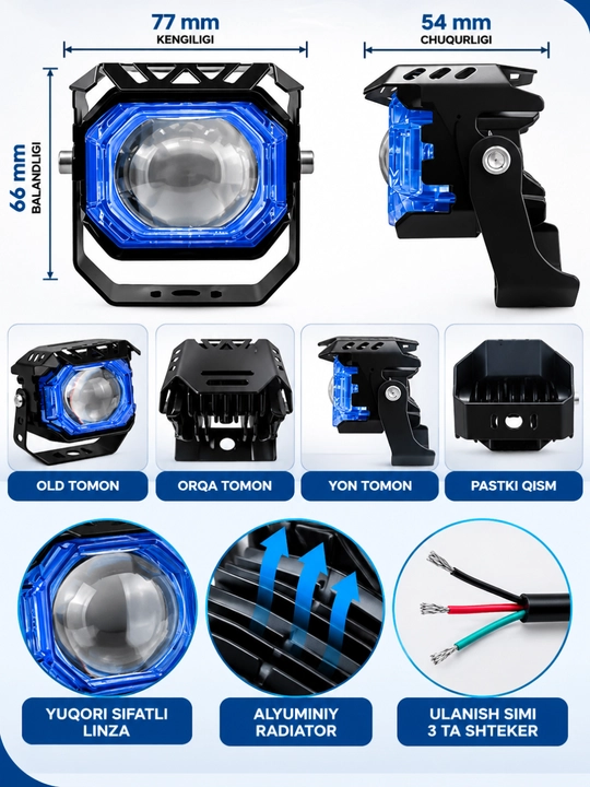 Skuter va Mototsikl uchun qo‘shimcha LED faralar, yorqin yoritish, universal o‘rnatish