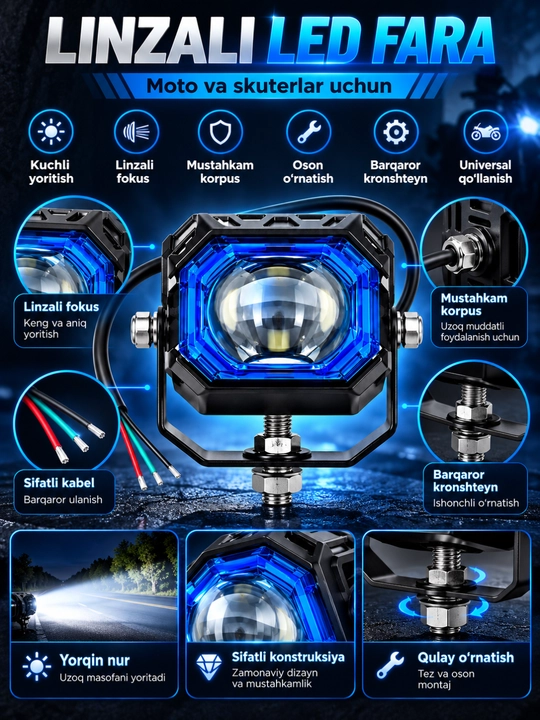 Skuter va Mototsikl uchun qo‘shimcha LED faralar, yorqin yoritish, universal o‘rnatish