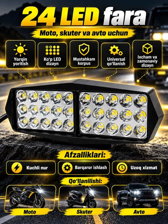 Skuter va Mototsikl uchun qo‘shimcha LED faralar, yorqin yoritish, universal o‘rnatish