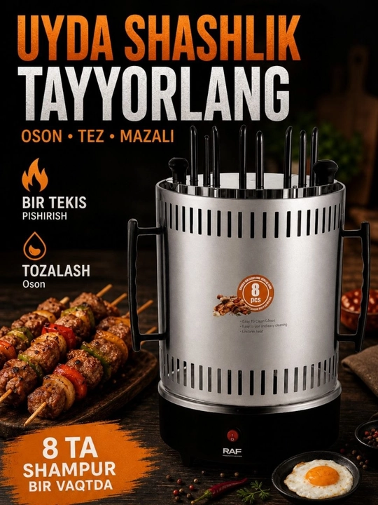 RAF R.8628 elektr shashlik pishirgich, 1500/13000 W, 11 ta va 8 ta shampur