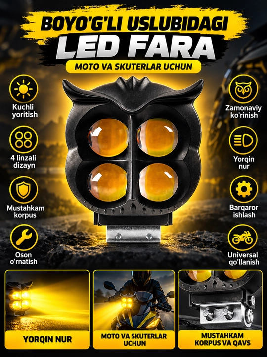 Skuter va Mototsikl uchun qo‘shimcha LED faralar, yorqin yoritish, universal o‘rnatish