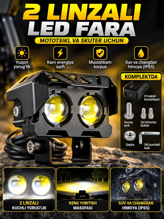Skuter va Mototsikl uchun qo‘shimcha LED faralar, yorqin yoritish, universal o‘rnatish