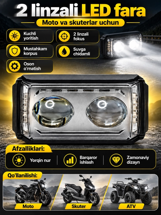 Skuter va Mototsikl uchun qo‘shimcha LED faralar, yorqin yoritish, universal o‘rnatish