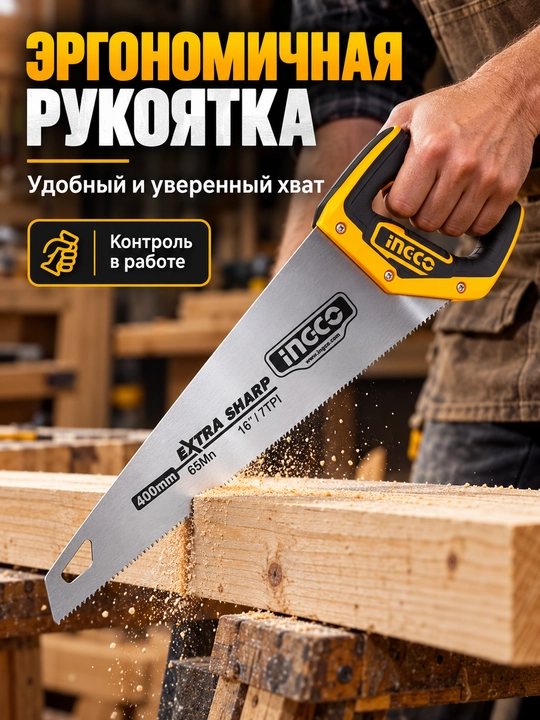 Ножовка по дереву INGCO 400 мм, 7 TPI, ручная пила из стали