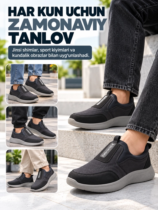 Erkaklar krossovkasi, premium uslubda, yengil, kulrang-qora, yengil tagcharmli, 39-44