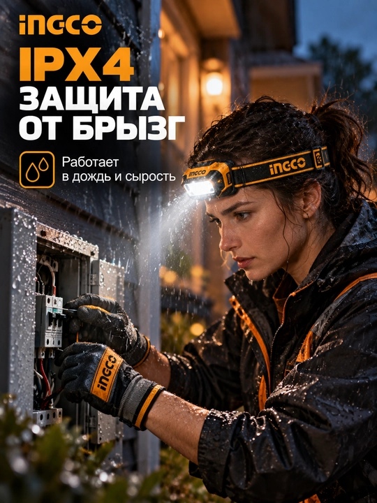 Налобный фонарь INGCO HHL013AAA8, 200 лм, датчик движения, IPX4, 3×AAA