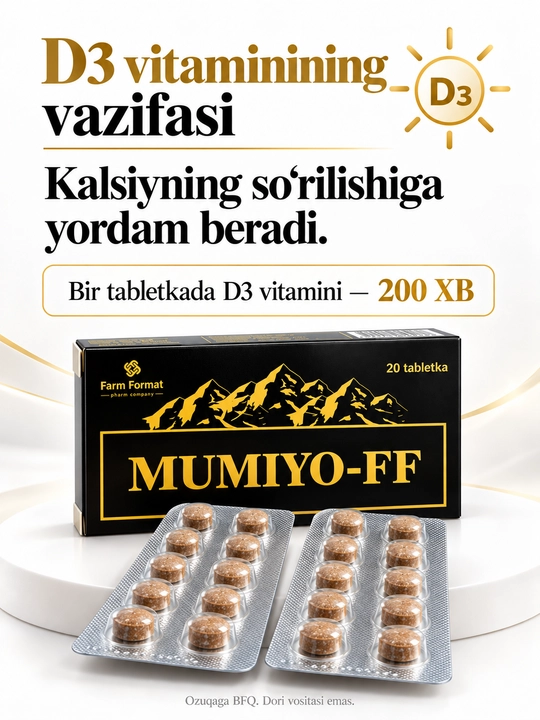 Таблетки Мумие-FF, мумие 80 мг и витамин D3 200 МЕ, 20 штук