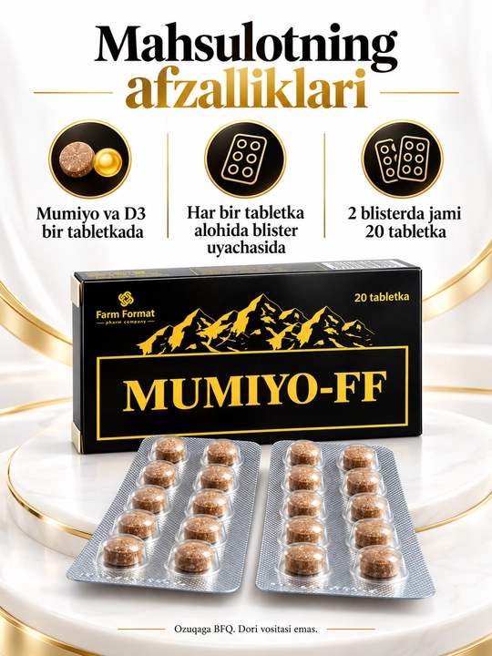 Таблетки Мумие-FF, мумие 80 мг и витамин D3 200 МЕ, 20 штук