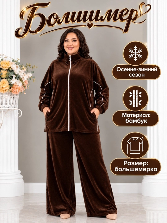 Kuz-qish mavsumi uchun zamonaviy velor kostyum, yumshoq bambuk material, katta o'lchamli - 