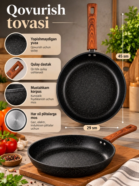 Qovurish tovasi, skovorodka 29 sm, qora tova, yopishmaydigan tova, oshxona idishi - 