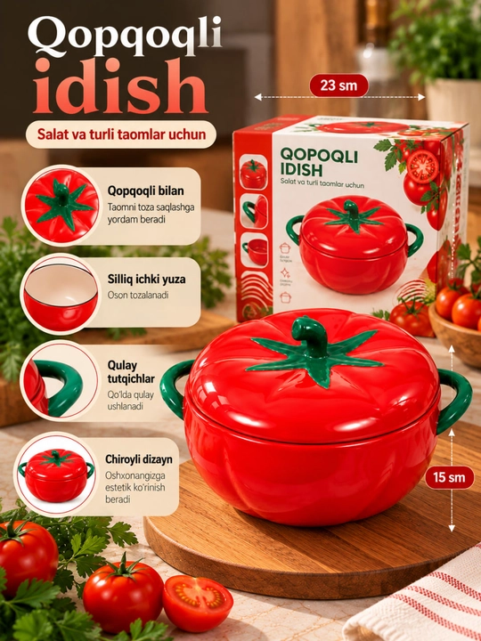 Pomidor shaklidagi idish, qopqoqli idish, qizil sopol idish, oshxona idishi - 