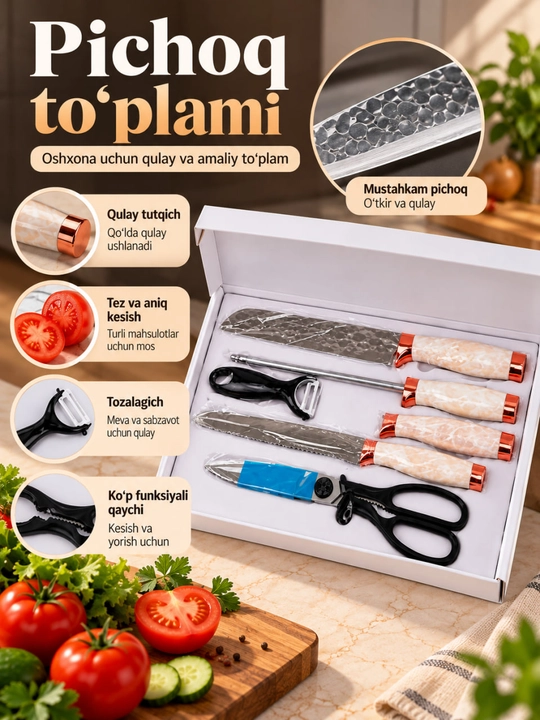 Pichoq to‘plami, oshxona pichoqlari, sabzavot tozalagich, oshxona qaychisi - 