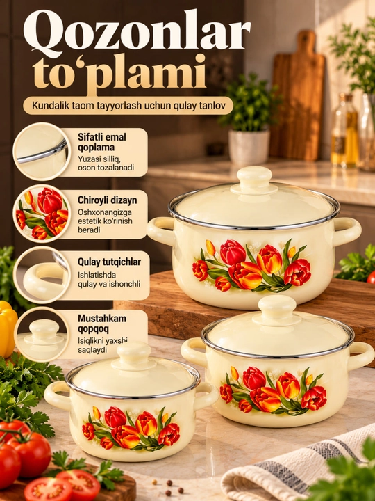 Emalli qozonlar to‘plami, 3 dona qozon, gulli qozon, qopqoqli qozonlar - 