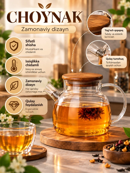 Shisha choynak, yog‘och qopqoqli choynak, damlama choynak, shisha choy idishi - 