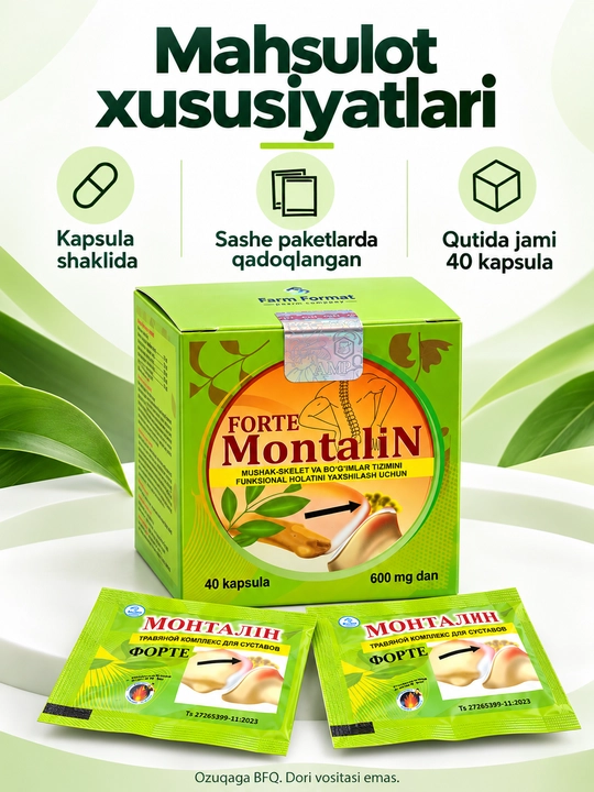 Montalin forte kapsulalari, 5 xil o‘simlik komponenti, 40 dona