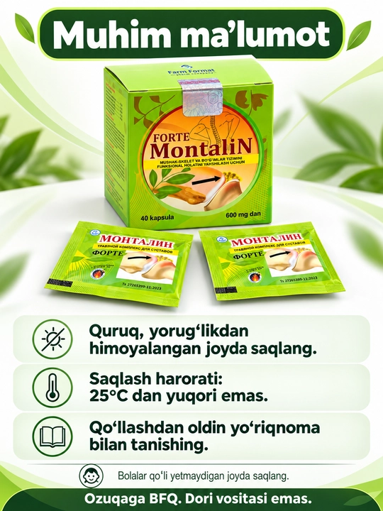 Montalin forte kapsulalari, 5 xil o‘simlik komponenti, 40 dona