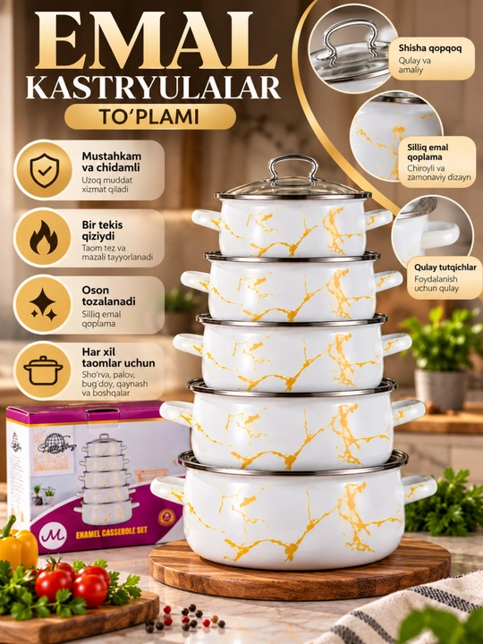 Emalli qozonlar to‘plami, 5 dona qozon, oq marmar naqshli kastryulka - 