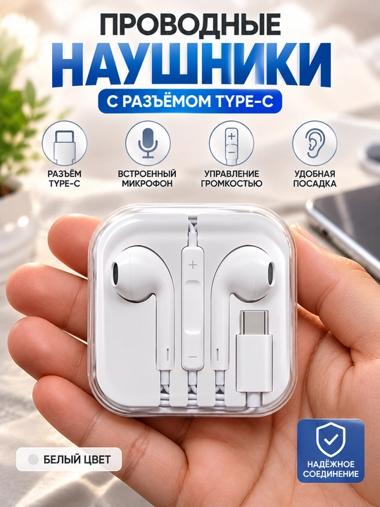 Проводные наушники Type-C, белые, с микрофоном - 