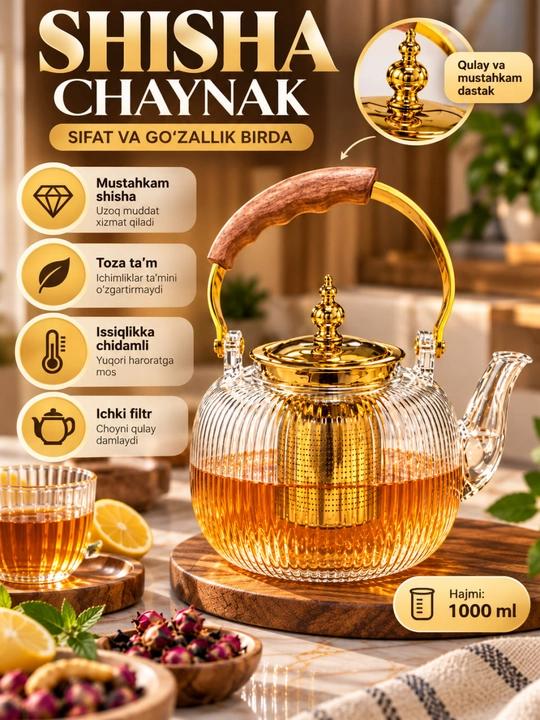 Oltin bezakli va filtrli shisha choynak - 