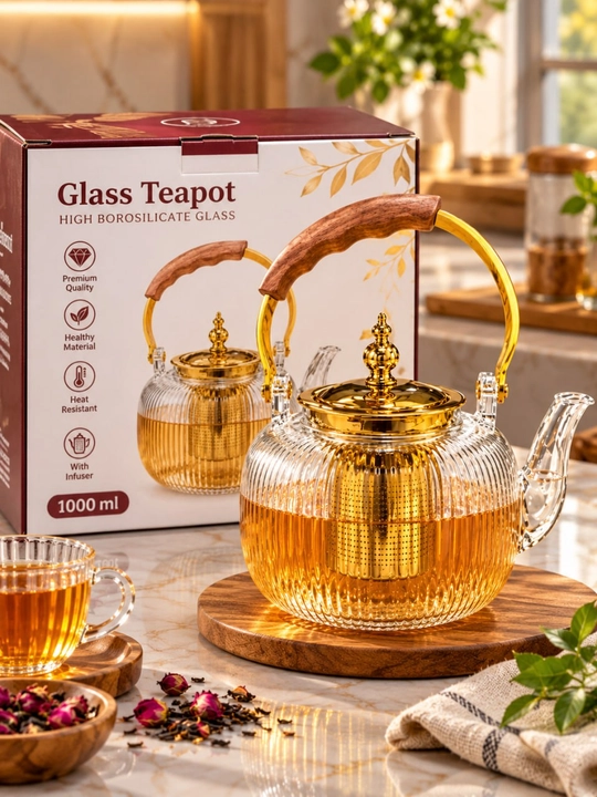 Стеклянный заварочный чайник с золотистым декором и фильтром
