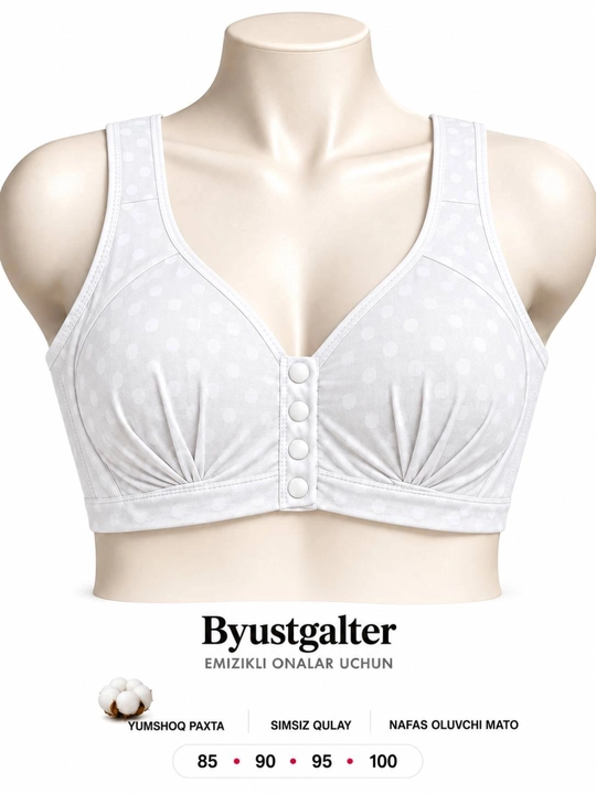 Emizikli onalar uchun paxtali siynaband, byustgalter, simsiz, oldi tugmali, 90–105 - 