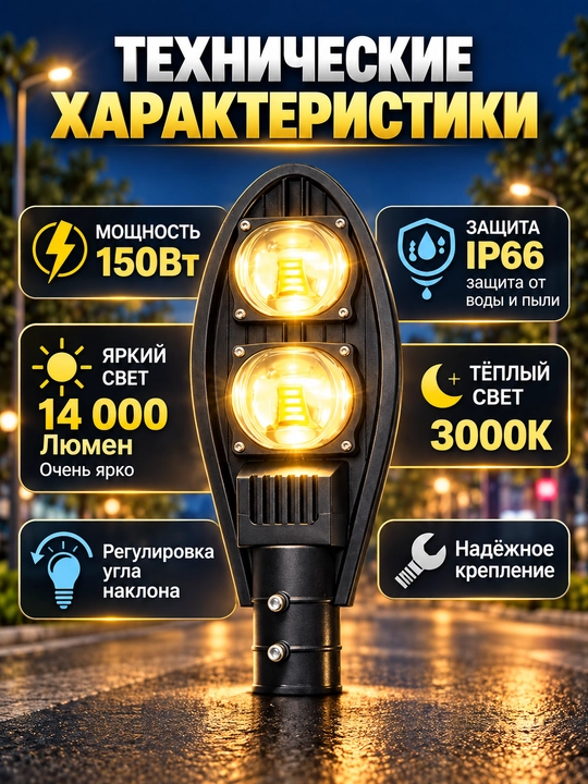 Ustun uchun ko‘cha LED chirog‘i 100/150 Vt, IP66, iliq oq yorug‘lik 3000K