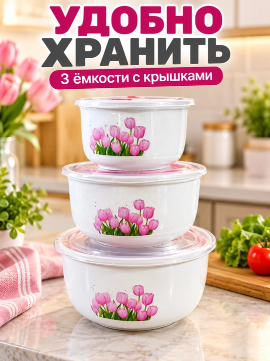 Qopqoqli salat idishlari to‘plami — 3 dona - 