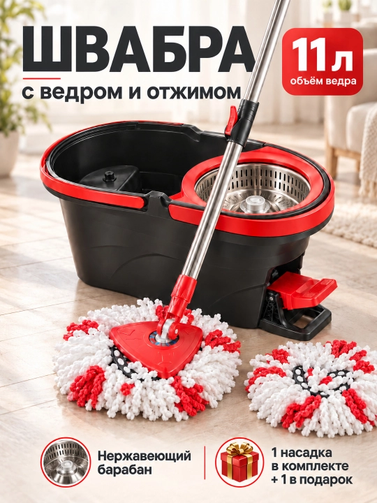 Швабра с ведром и отжимом для влажной уборки пола, микрофибра, нержавеющий барабан, 11 л