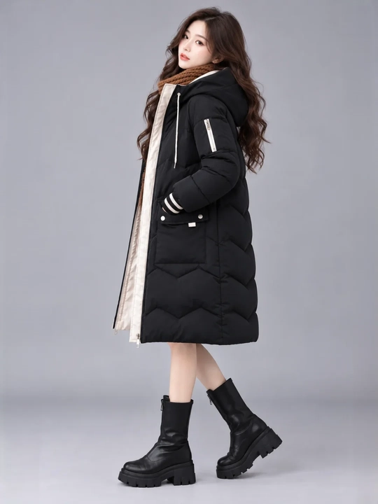 Kurtka ayollar uchun, oversize, qalin kapishoni bilan still koreyskiy kuz va qish uchun