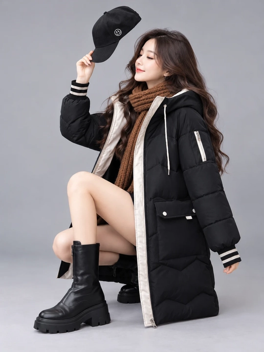 Kurtka ayollar uchun, oversize, qalin kapishoni bilan still koreyskiy kuz va qish uchun