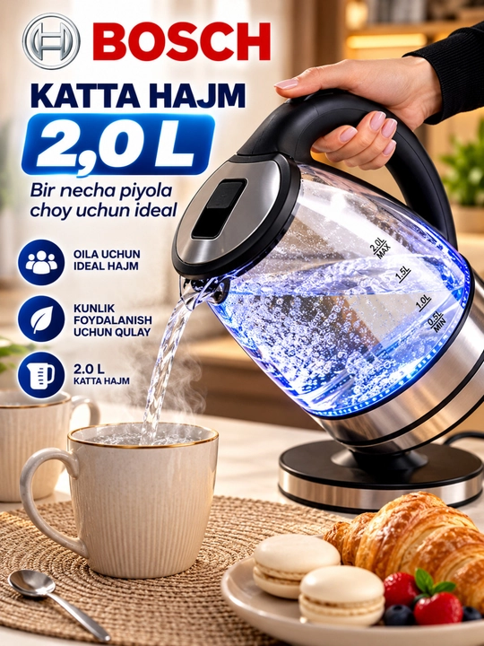 Elektr choynak BOSCH  tefal choynaklar 2.0 L 1500W LED, yoritkichli