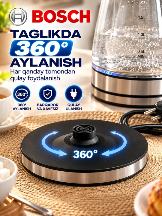 Elektr choynak BOSCH  tefal choynaklar 2.0 L 1500W LED, yoritkichli
