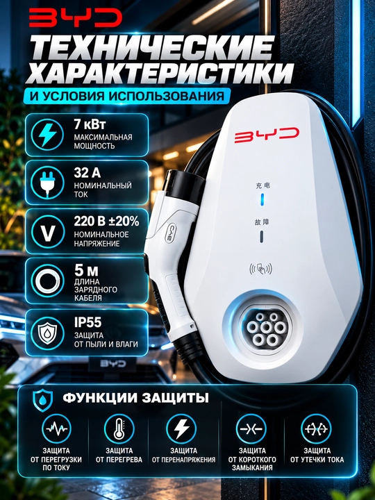 Зарядное устройство BYD для электромобилей, 7 кВт, 32 А, 220 В