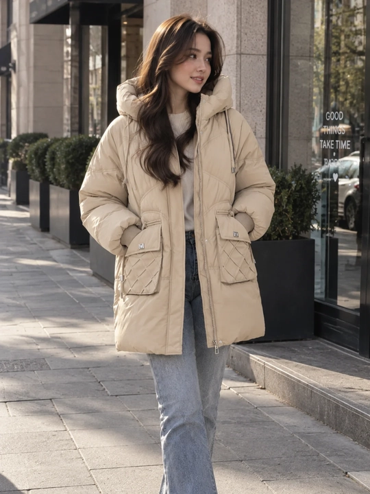 Kurtka ayollar uchun, oversize, qalin kapishoni bilan still koreyskiy kuz va qish uchun