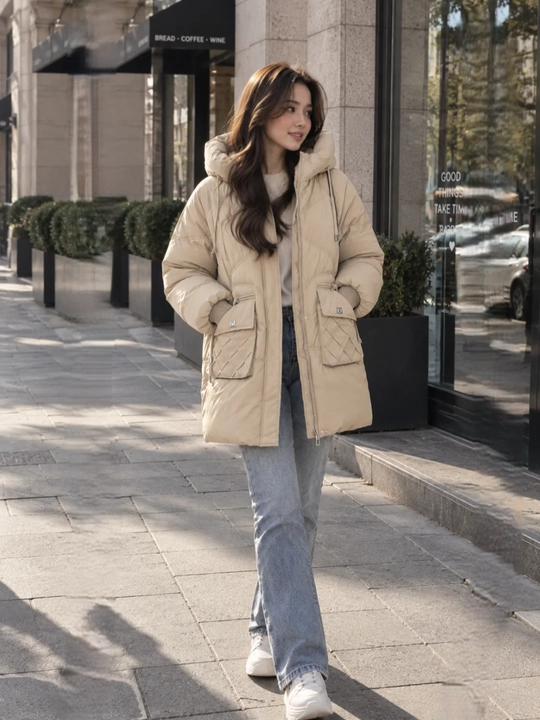 Kurtka ayollar uchun, oversize, qalin kapishoni bilan still koreyskiy kuz va qish uchun