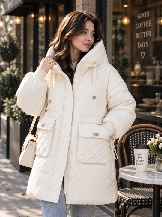 Kurtka ayollar uchun, oversize, qalin kapishoni bilan still koreyskiy kuz va qish uchun