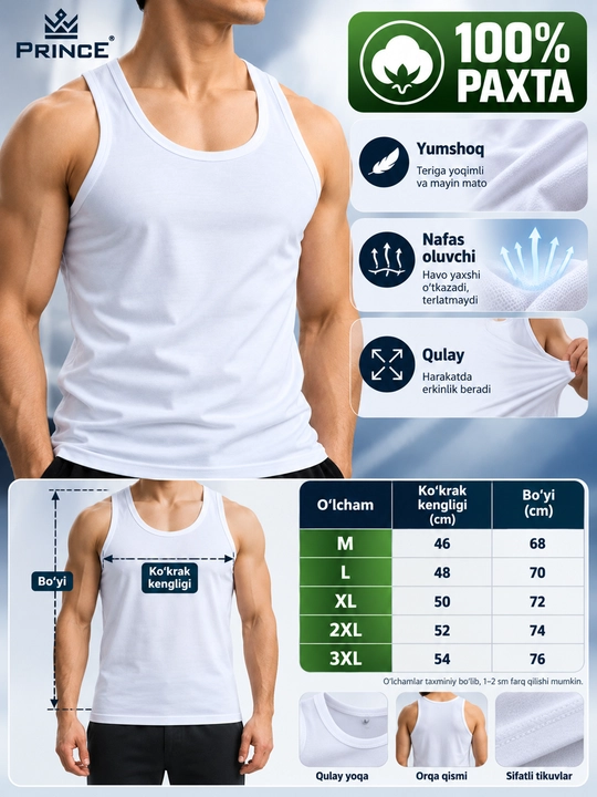 Erkaklar uchun mayka Prince Collection, 100% paxta, oq rang