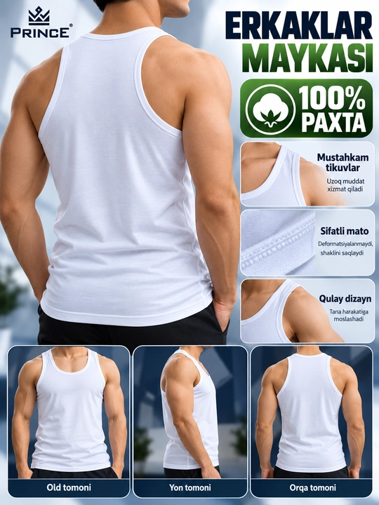 Erkaklar uchun mayka Prince Collection, 100% paxta, oq rang
