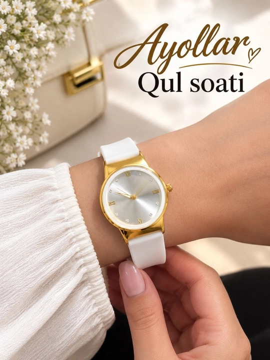Ayollar qo'l soati, oq tasmali va tilla rang korpusli - 