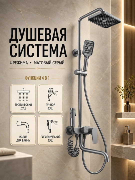 Душевая система, 4 в 1, тропический душ, душ смеситель, cмеситель ванны, душевой смеситель - 