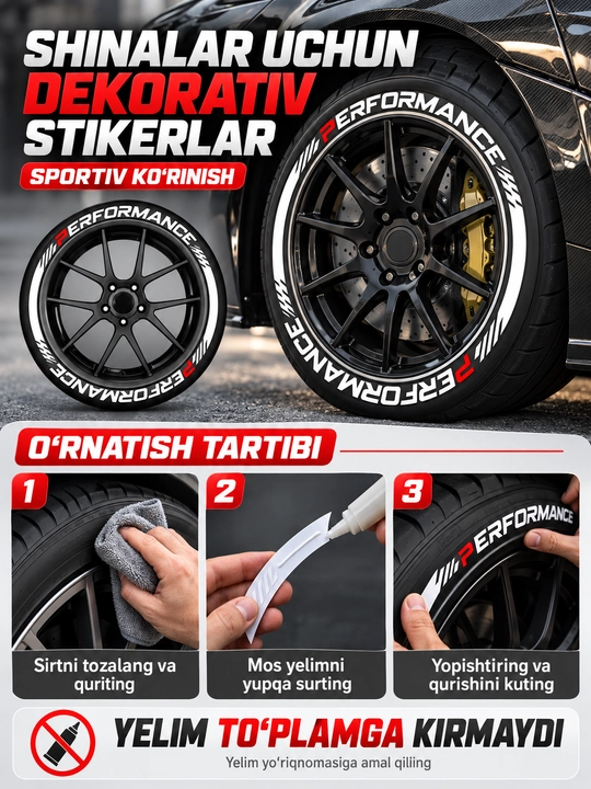 Avtomobil shinalari uchun SPORT va PERFORMANCE yozuvli dekorativ stikerlar
