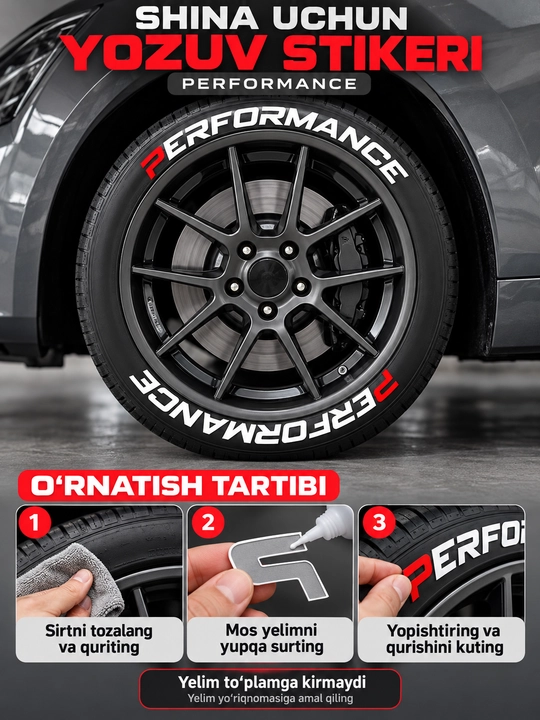 Avtomobil shinalari uchun SPORT va PERFORMANCE yozuvli dekorativ stikerlar