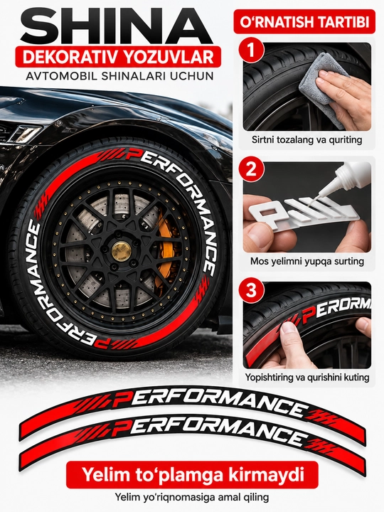 Avtomobil shinalari uchun SPORT va PERFORMANCE yozuvli dekorativ stikerlar
