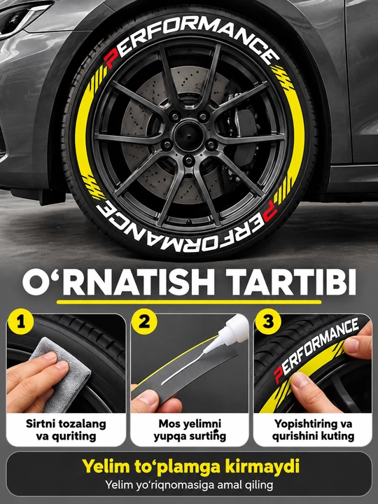 Avtomobil shinalari uchun SPORT va PERFORMANCE yozuvli dekorativ stikerlar